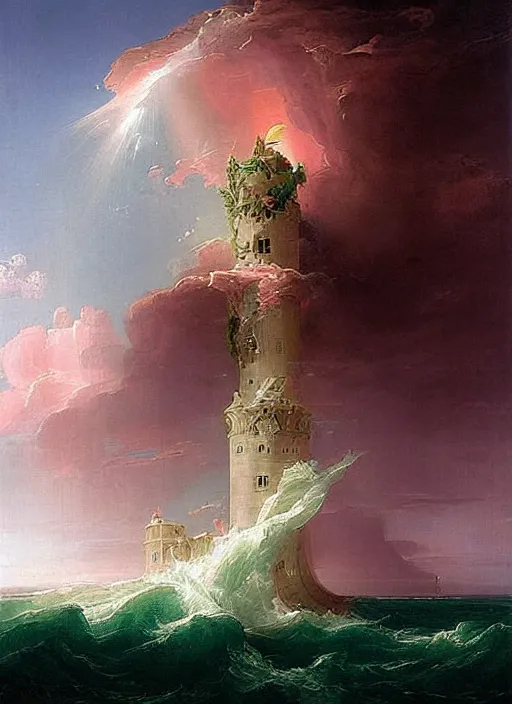 Image similar to a delicate ornate white fantasy tower with pink and green decoration splashes upwards from a turbulent ocean, dramatic lighting, rich colors, beautiful painting by Thomas Cole