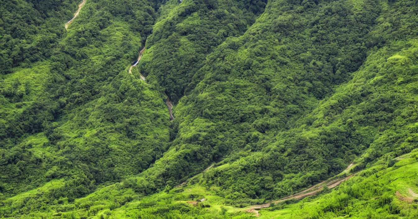 Prompt: green hills, big old tree, erosion channels river, landslide over highway, background mountains with cliffs, high summer, dramatic light, heavy grain, high quality,