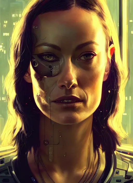 Prompt: portrait of Olivia Wilde as a drug addicted character in Cyberpunk 2077, looking at camera, intricate, dystopian, sci-fi, extremely detailed, digital painting, artstation, concept art, smooth, sharp focus, illustration, intimidating lighting, incredible art by artgerm and greg rutkowski and alphonse mucha and simon stalenhag