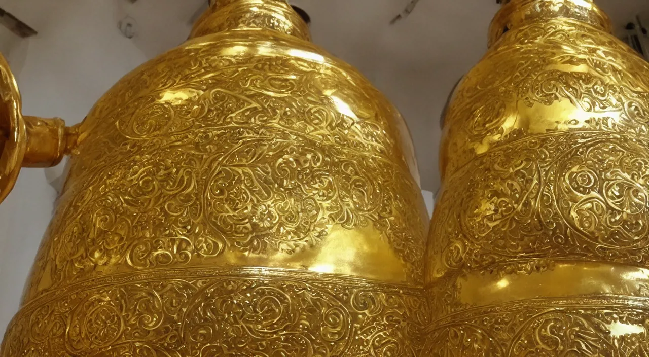 Image similar to a huge golden bell with engravings, pov, epic, realistic