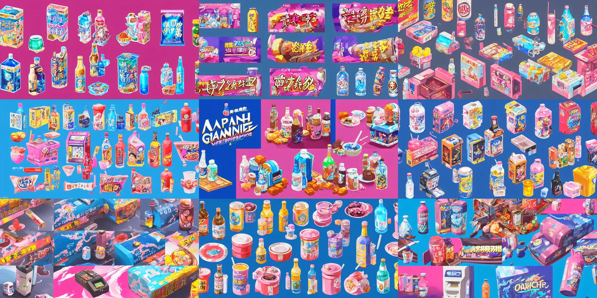 Prompt: game asset of japanese vending machines and drinks, in gouache detailed paintings, props, stylized, 2 d sprites, kitbash, arcane, overwatch, blue and pink color scheme, 8 k, close up