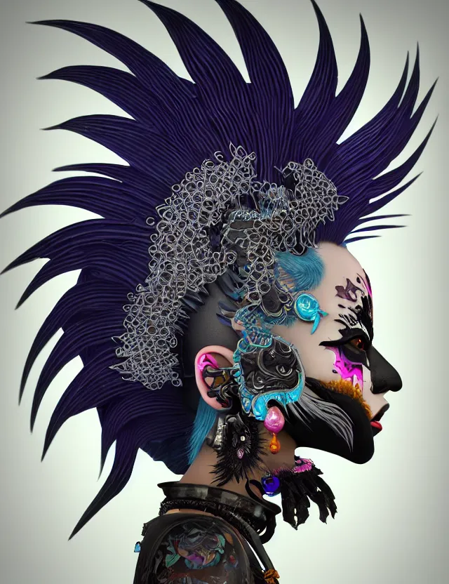 Image similar to 3 d goddess close - up profile portrait punk with mohawk with ram skull. beautiful intricately detailed japanese crow kitsune mask and clasical japanese kimono. betta fish, jellyfish phoenix, bio luminescent, plasma, ice, water, wind, creature, artwork by tooth wu and wlop and beeple and greg rutkowski