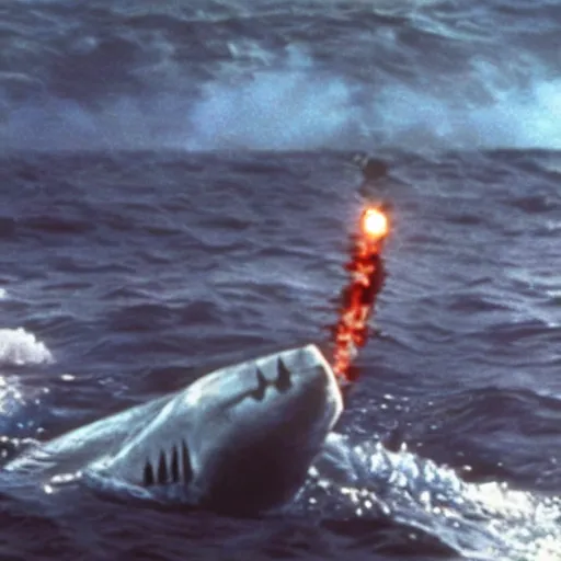 Image similar to still from jaws ( 1 9 7 5 ) showing an atomic bomb being used on the shark, still, color
