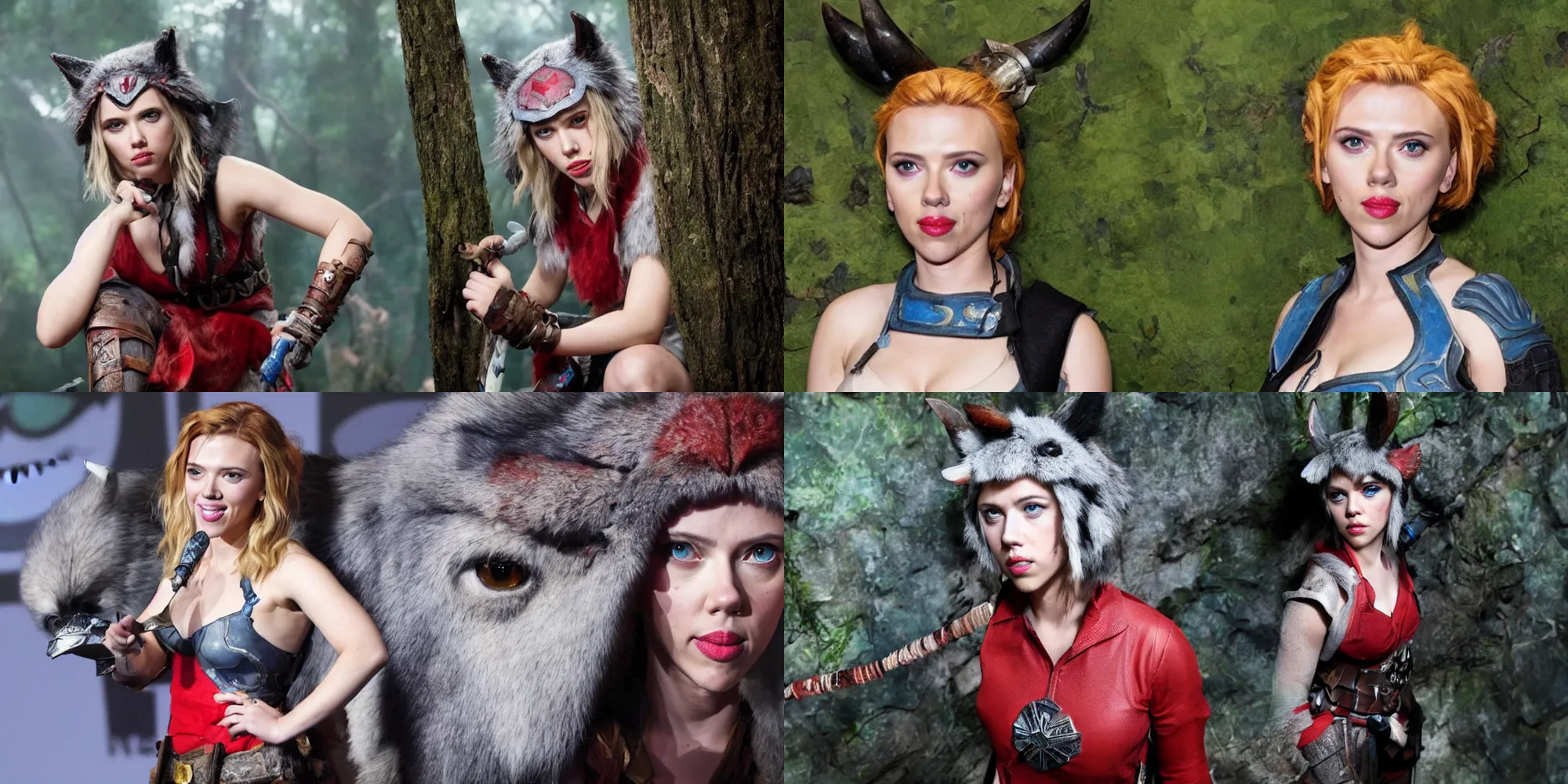 Prompt: Scarlett Johansson cosplaying as Princess Mononoke at Comic-Con, professional photo