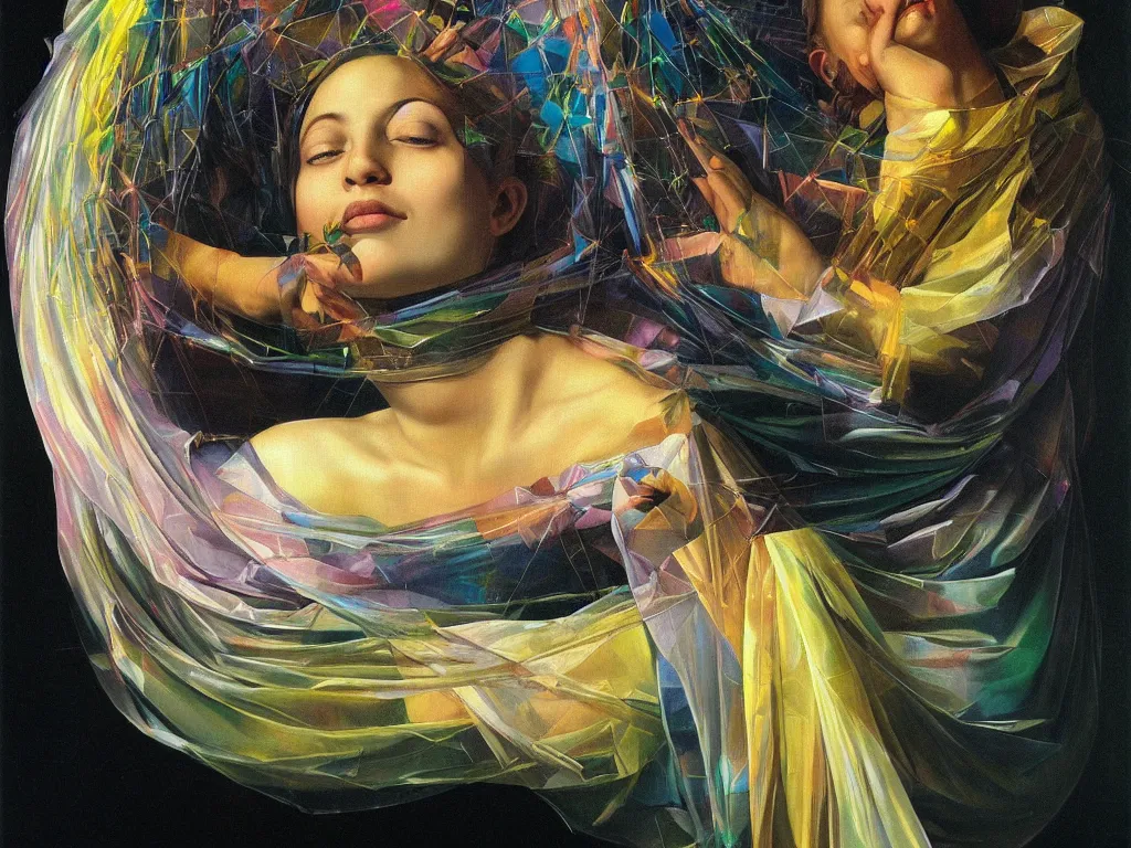 Image similar to hyperrealistic still life painting of a calm goddess, divine feminine, surrender, wrapped in fabric and gently smiling, surrounded by refracting reflecing rainbow prisms in a tesseract, botanical print, surrealism, vivid colors, serene, golden ratio, sacred geometry, abstract impasto brushtrokes, by Caravaggio, rule of thirds