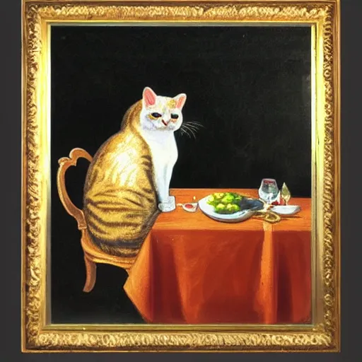 Prompt: cat eating dinner alone, Rococo oil painting