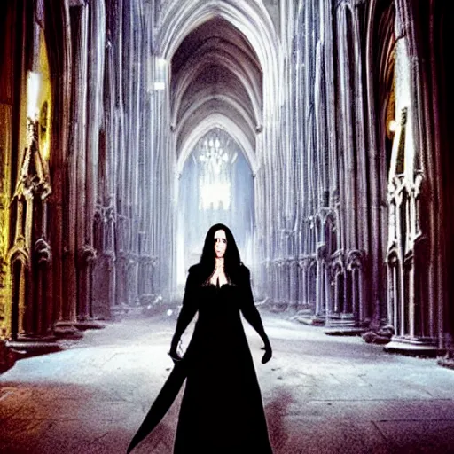 Image similar to jennifer connelly as a vampire showing her fangs in a gloomy gothic cathedral at night