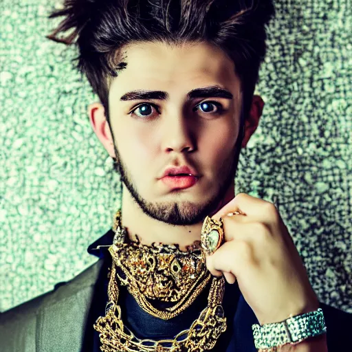 Prompt: a photographic character model design of a very handsome young man wearing excessive jewelry in an ornate and elegant way