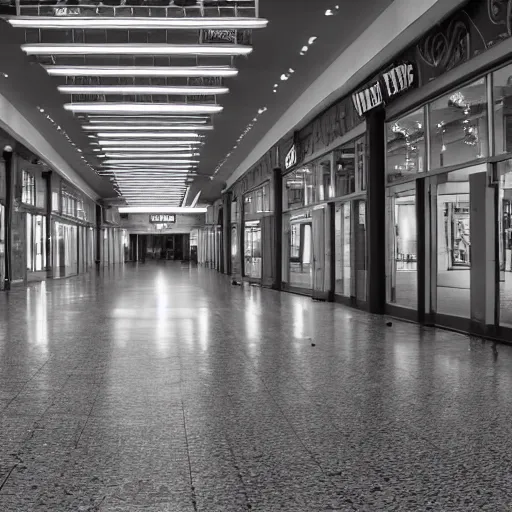 Image similar to an old creepy empty mall at night with only one light on