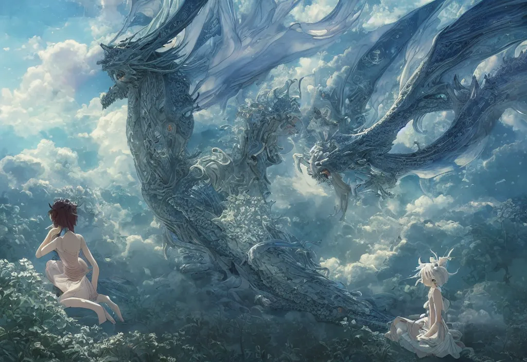 Prompt: the beautiful hyper detailed scene render that a lonely single beautiful girl lies in the arms of a huge silver dragon alone in the fairyland surrounded by white clouds, in the style of makoto shinkai victo ngai and peter mohrbacher studio ghibli artgerm karol bak beeple, cinematic, beautiful dream, psychedelic, animation style, 8 k hd