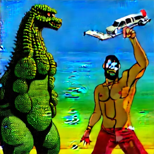 Image similar to adam and eve versus godzilla, gta vice city art style, smooth painting, each individual seeds have ultra high detailed, 4 k, illustration, torn cosmo magazine style, concept art, pop art style, ultra realistic, underrated, by mike swiderek, jorge lacera, ben lo, tyler west h - 7 6 8