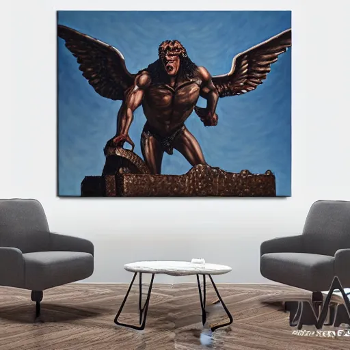 Prompt: an oil painting of a big, proud muscular Gargoyle, art by Greg Rutkovski, Renaissance Port City background, fangs, gray skin, angel wings, 1450