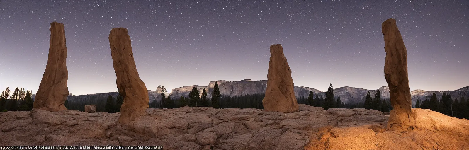 Image similar to to fathom hell or soar angelic, just take a pinch of psychedelic, medium format photograph of two colossal minimalistic necktie sculpture installations by antony gormley and anthony caro in yosemite national park, made from iron, marble, and limestone, granite peaks visible in the background, taken in the night