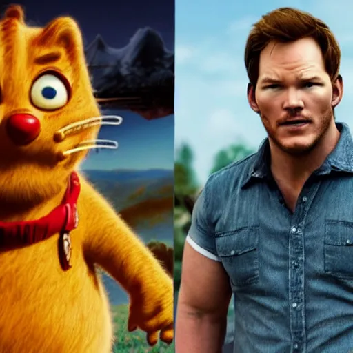 Image similar to Chris Pratt as live action Garfield, realistic art style