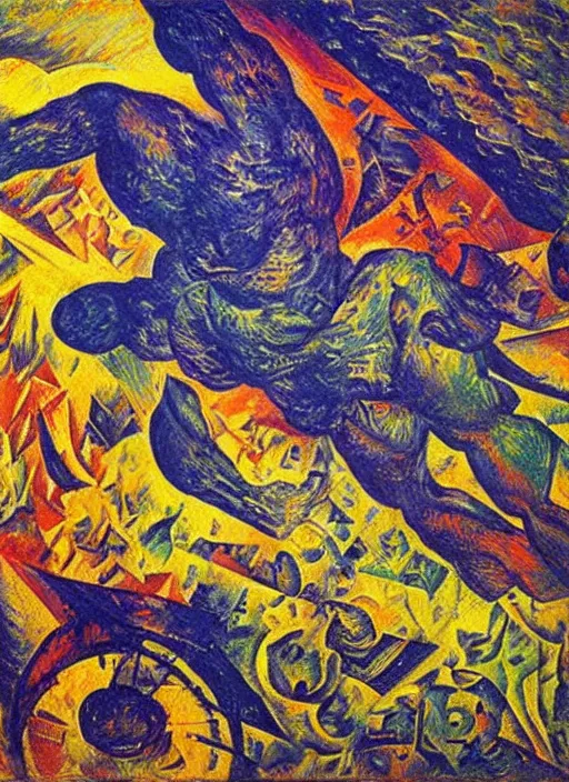 Prompt: flying metal oil on canvas by Umberto Boccioni, vivid colors, hyper detail, golden ratio HQ