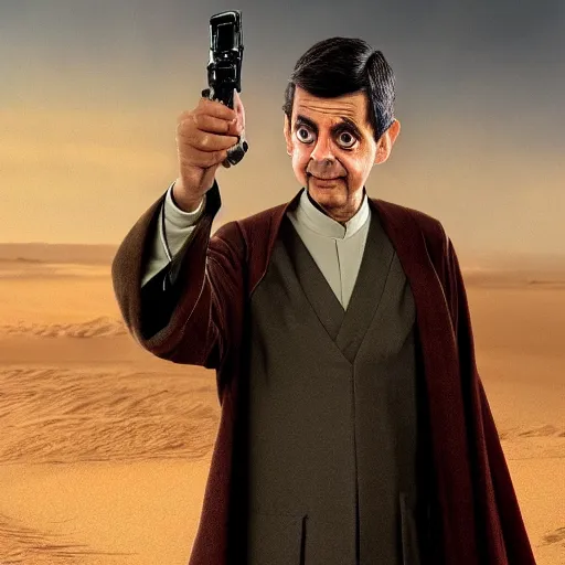 Image similar to mr beans as a jedi master, star wars, photo, realistic detail