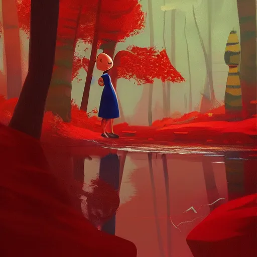 Prompt: goro fujita ilustration brunette girl in red dress crossing ( a small river in a forest ), painting by goro fujita, sharp focus, highly detailed, artstation