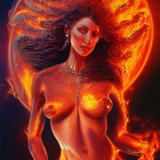 Prompt: A stunning portrait of a goddess, her body made of flames, by Jim Burns, 8K UHD, intricate, fantasy