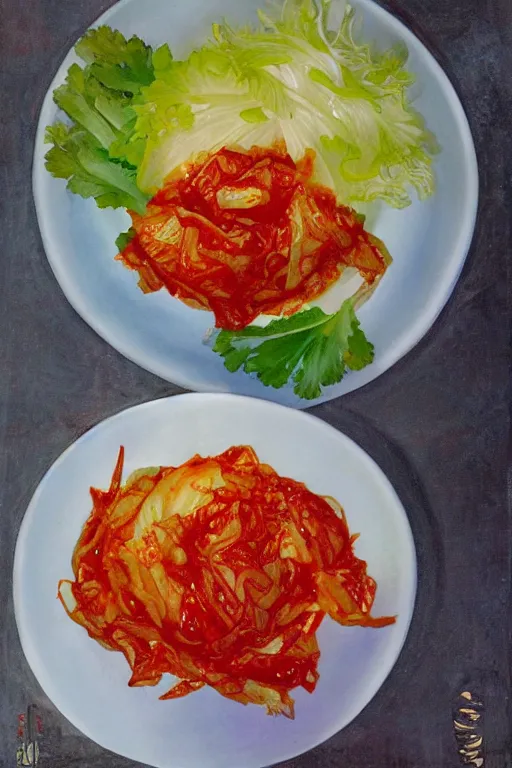 Image similar to kimchi, korean spicy fermented napa cabbage, by jerry pinkney