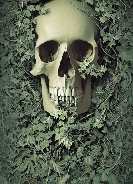 Image similar to skull, ivy, death, intricate detail by beeple