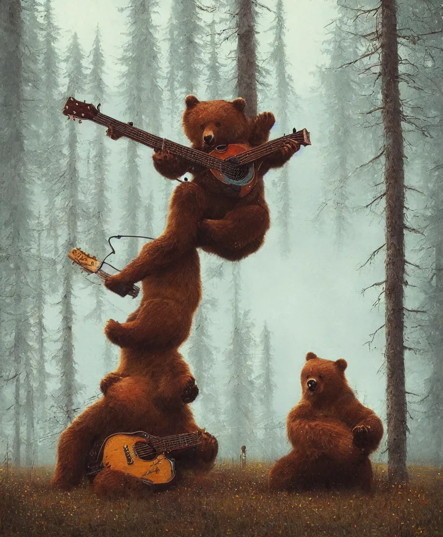 Image similar to realistic bear playing guitar, illustrated by Simon Stålenhag and Gaston Bussiere, intricate, ultra detailed, photorealistic, trending on artstation