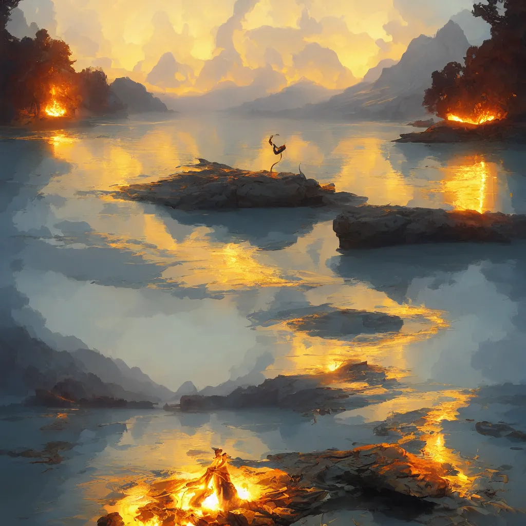 Prompt: lake, gold molten, by greg rutkowski, by rhads, by jesper ejsing