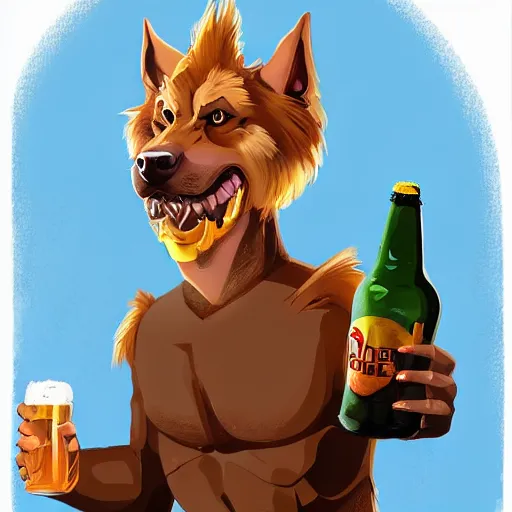 Image similar to a humanoid german shepherd beast - man in soccer style, holding a bottle of beer, artstation, concept art, smooth, sharp foccus ilustration, artstation