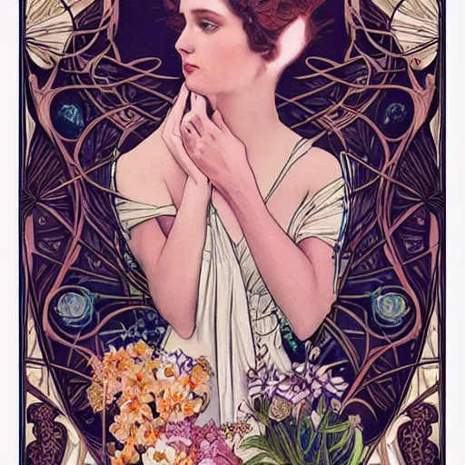 Image similar to epic portrait of the most beautiful women holding each other, surrounded by soft florals, concept art, art nouveau style, tarot card, high detail, realistic anatomy, beautiful