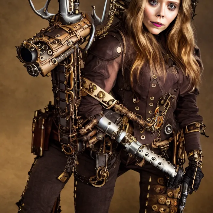 Prompt: full body photograph of elizabeth olsen as a steampunk warrior. extremely detailed. dslr. 8 5 mm.