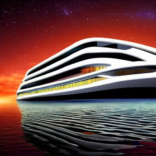 Prompt: a giant luxury cruiseliner spaceship, shaped like a yacht, with a glass hull and ceiling and see - through exterior, hull is a opera house, aerial view of opera house on spaceship, floating in outer space, galaxies and stars in background, asteroid belt in distance, well lit, 8 k, futuristic, high detail, vibrant colors, digital art