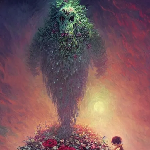 Image similar to a gigantic beautiful terrifying monster made of flowers looms over a tiny human. ethereal horror fantasy art by greg rutkowski and magali villanueve and monet