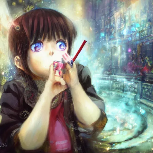 Prompt: big eyed shoggoth anime-girl smoking a cigarette hyperreality painting by amano yoshitaka, lilia alvarado 8k hd hyperdetailed