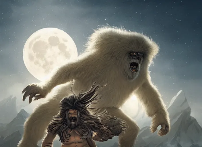 Prompt: giant yeti monster attacking eskimos, digital painting, matte, sharp focus, dramatic, full moon, digital illustration art by artgerm and greg rutkowski and alphonse mucha