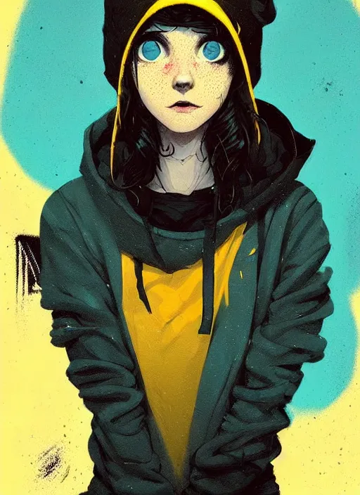 Image similar to highly detailed portrait of a sewerpunk student lady, blue eyes, hoody, beanie hat, black curly hair by atey ghailan, james gilleard, by greg rutkowski, by greg tocchini, by kaethe butcher, gradient yellow, black, brown and cyan color scheme, grunge aesthetic!!! ( ( graffiti tag wall background ) )