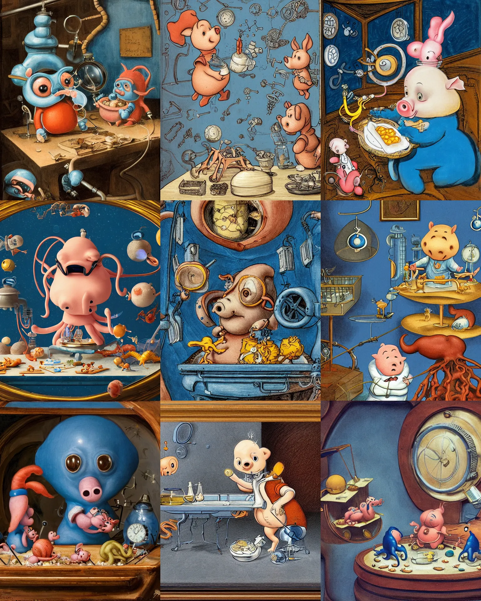 Prompt: portly little squid - piglet - scientists enjoying a snack in a biomechanical space station, rococo, baroque, comforting, american realist, cerulean blue and burnt sienna