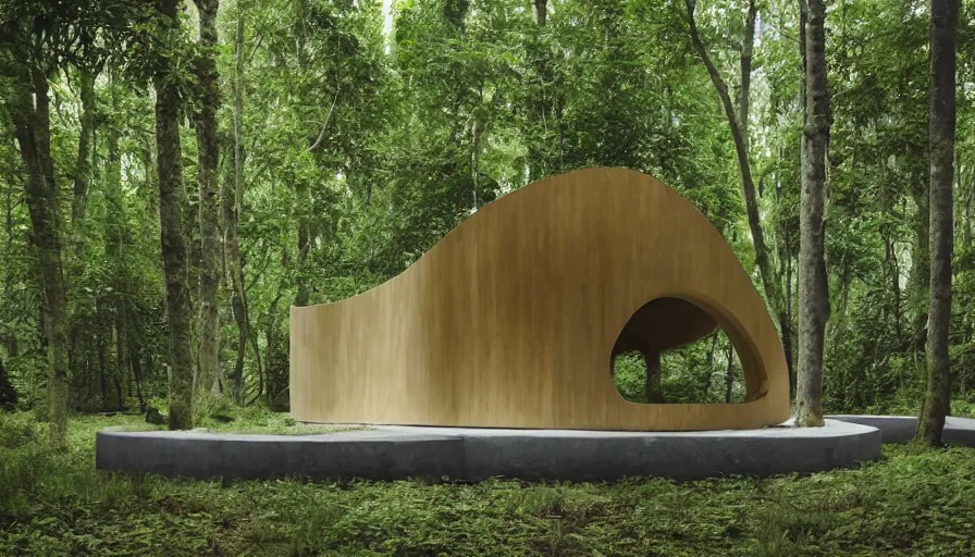 Image similar to A unique innovative sea ranch style creative cabin in a lush green forest with soft rounded corners and angles, 3D printed line texture, made of cement, connected by sidewalks, public space, and a park, Design and style by Zaha Hadid, Wes Anderson and Gucci