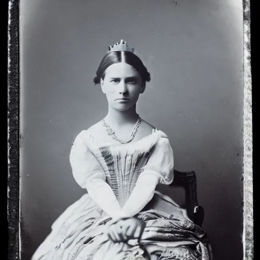 Prompt: clear photography of a beautiful princess sitting down, circa 1 8 6 3