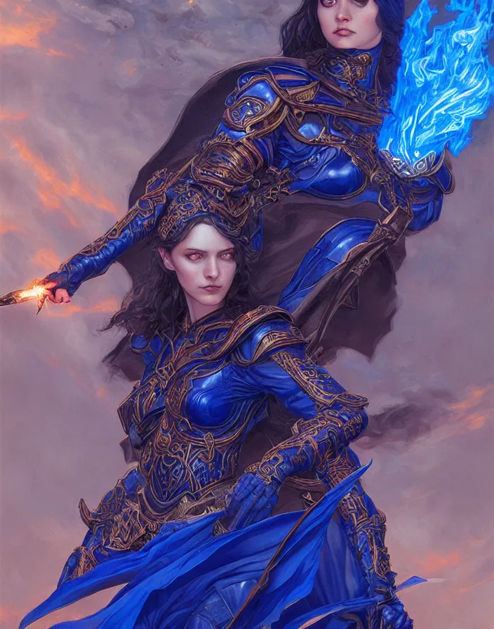 Image similar to young morgana, battle mage, brilliant royal blue flames surrounding her, intricate detail, ornate, tarot card, digital artwork by artgerm and lily abdullina, wpol and sarasti, donato giancola and android jones, artstation