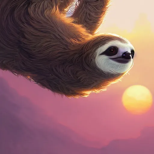 Image similar to a cute sloth in the sunset, intricate, elegant, highly detailed, digital painting, artstation, concept art, matte, illustration, art by Artgerm and Greg Rutkowski and Alphonse Mucha, Simon Stalenhag, hyperreal