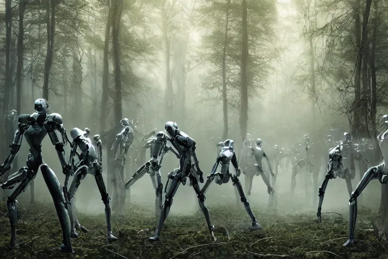 Image similar to 1 0 0 0 0 humanoid robots fighting in the forest, hyper realistic, ambient lighting, concept art, intricate, hyper detailed, smooth, dynamic volumetric lighting, octane, raytrace, cinematic, high quality, high resolution, 4 k, cgsociety, rutkowski, gurney, h. r. giger, cylon