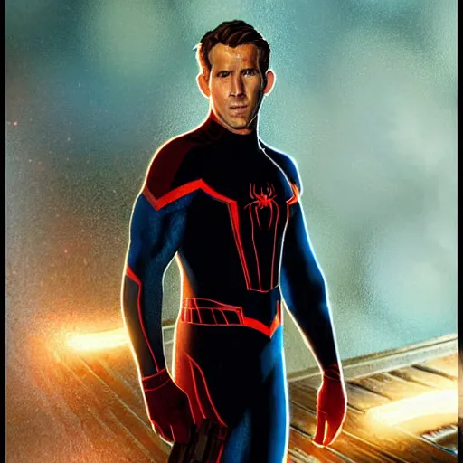 Image similar to ryan reynolds as spider - man, wearing a black and blue suit, cinematic, volumetric lighting, f 8 aperture, cinematic eastman 5 3 8 4 film, photorealistic by greg rutkowski, by stanley artgerm, by alphonse mucha