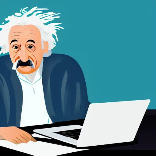 Image similar to highly detailed photorealistic full body portrait of albert einstein inside a modern living room while he is using his Apple MacBook Pro on the sofa