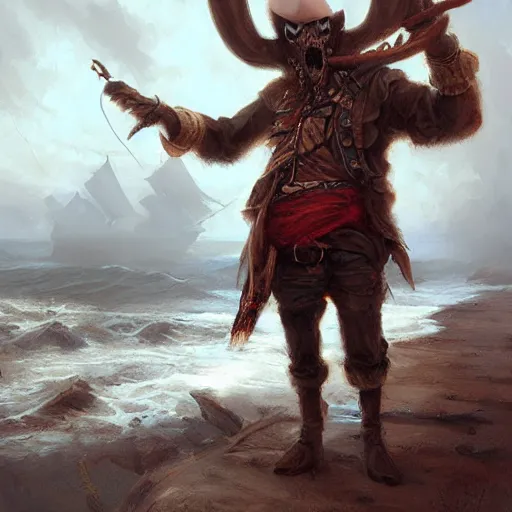 Image similar to anthropomorphic moose pirate humanoid by greg rutkowski, pirate ship, sea, fantasy