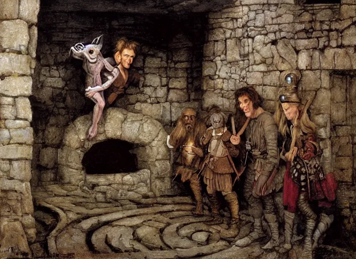 Prompt: jim henson's labyrinth. stone walls. you find a hole in the wall, like someone took a sledge hammer and just kept smashing as they walked forward. by edgar maxence and caravaggio and michael whelan and delacroix style, artistic, intricate painting, cinematic lighting, hyper realistic, extremely detailed, vivid colors, establishing shot, dramatic lighting