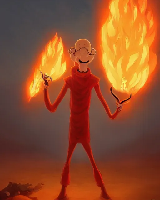 Prompt: squidward ( anthropomorphic squid ) wearing fire nation clothing and practicing firebending outside at susnset, [ greg rutkowski ]