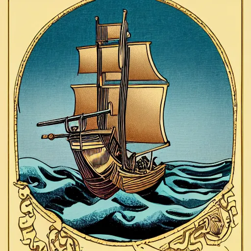 Image similar to detailed golden age illustration of a pirate ship on the ocean