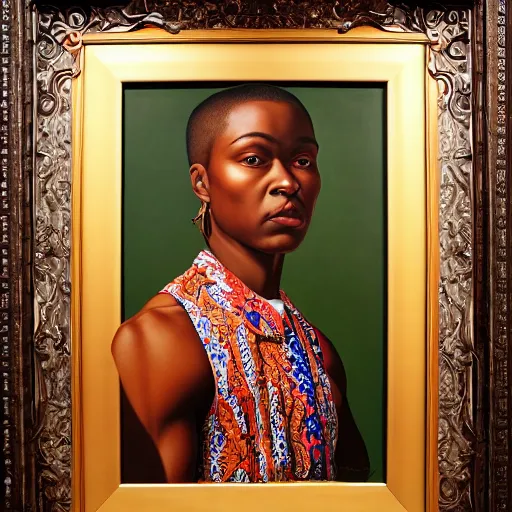 Image similar to A portrait of a thin trendy and gorgeous non-binary person, dark skin tone, Maori people, oil painting by Kehinde Wiley, majestic, detailed, high resolution