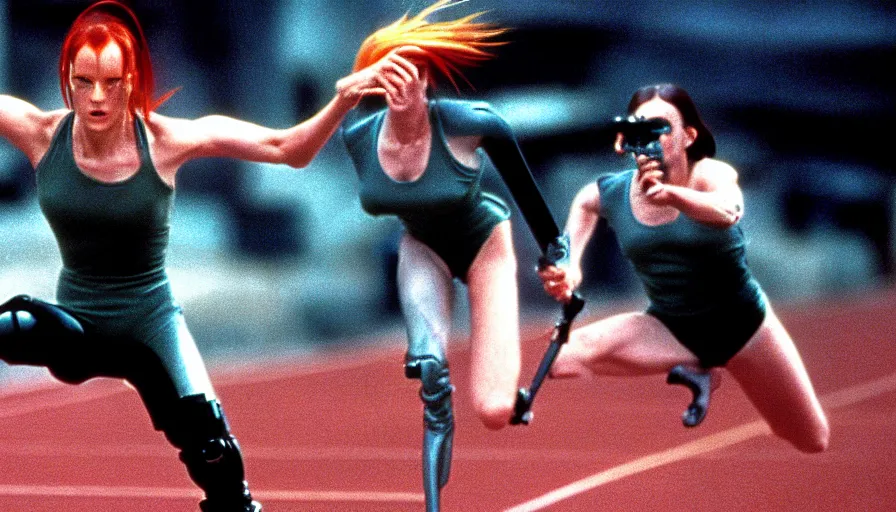 Prompt: The matrix, LeeLoo, Starship Troopers, Clarice Starling, 1960'Olympics footage, hurdlers in a race with robotic legs, intense moment, cinematic stillframe, shot by Roger Deakins, The fifth element, vintage robotics, formula 1, starring Geena Davis, clean lighting