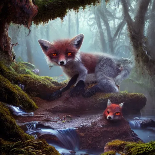 Image similar to soft painting render curiosities alien desolated world pond vegetation rocks, beautiful fox covered moss scintillating, accurate features, focus, very intricate ultrafine details, random volumetric lighting, dense fog, award winning masterpiece, octane render 8 k hd, artstation, tom bagshaw