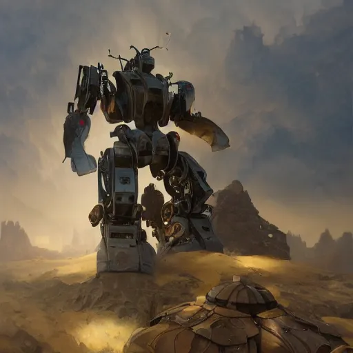 Image similar to epic painting of a realistic four - legged intricate battle robot, rule of thirds, golden ratio, subject in center of frame, trending on artstation, detailed science fiction matte painting by artgerm and greg rutkowski and alphonse mucha,